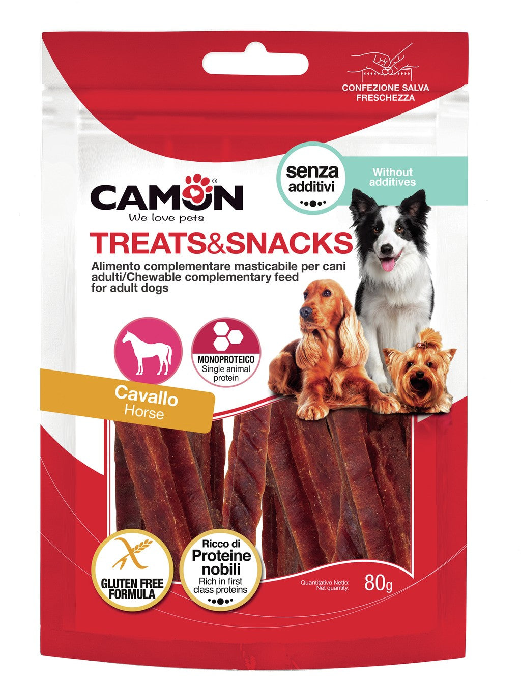 Snack monoproteico Camon Strips di cavallo 80 g per cani adulti Snack monoproteico Camon Strips di cavallo 80 g per cani adulti